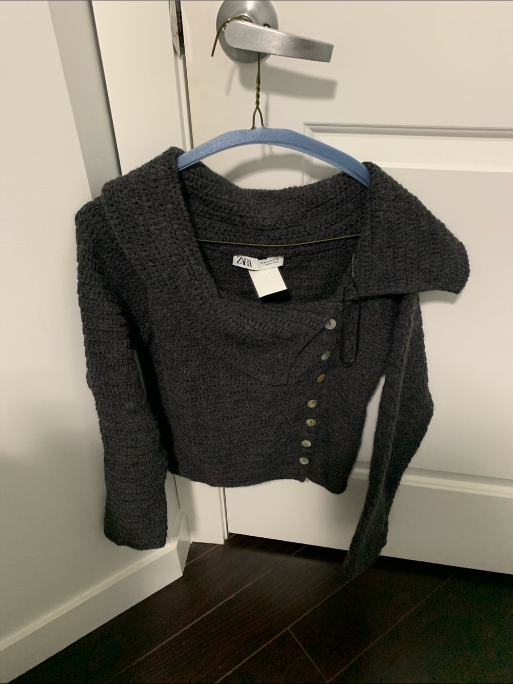 Zara Charcoal Off-Shoulder Button-Detail Knit Sweater